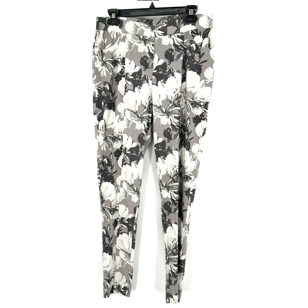 Soft Surroundings Size Medium Pants Gray Floral Print‎ Sueded Feel Elastic Waist